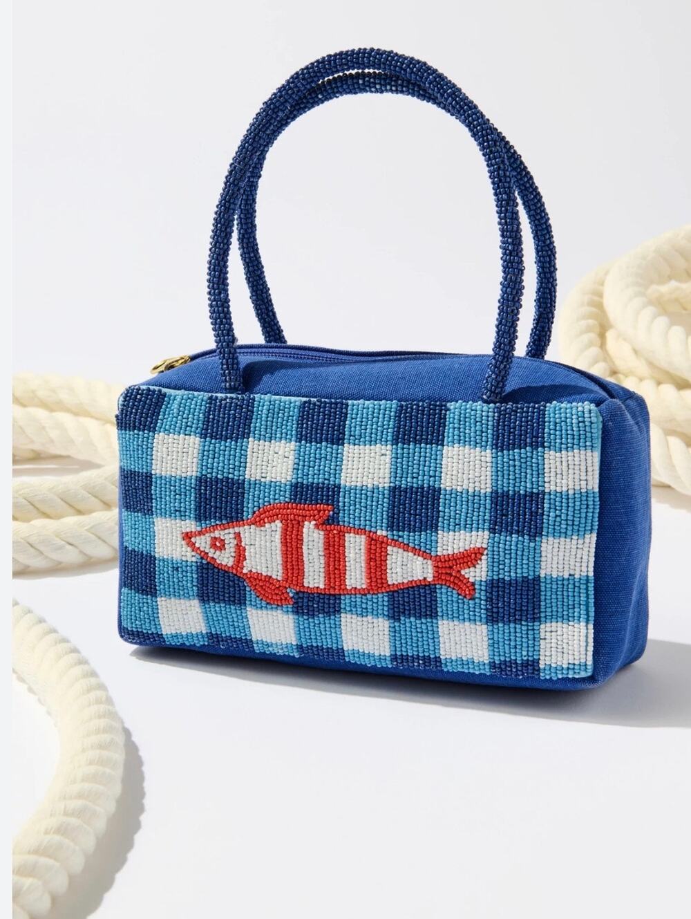 Shiraleah Beaded Fish Gingham Mini Tote Handbag Blue Check Coastal
Purse NWT